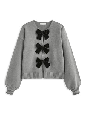 Velvet-Bow Lantern Sleeve Sweater