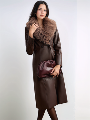 Detachable Fuzzy Collar Faux Leather Long Jacket