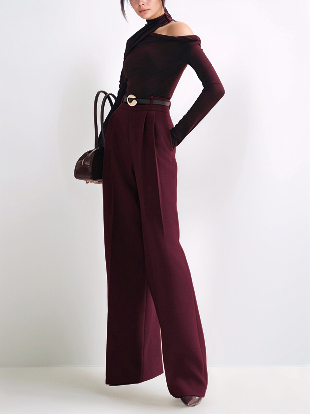 Metal-Belt Pleated High-Waist Pants