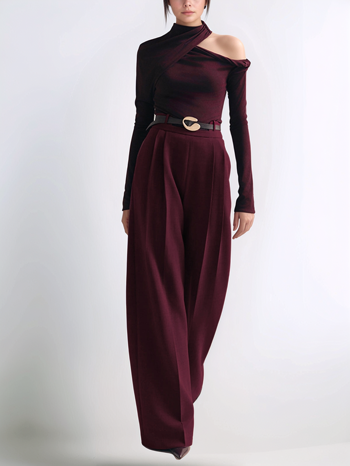 Metal-Belt Pleated High-Waist Pants