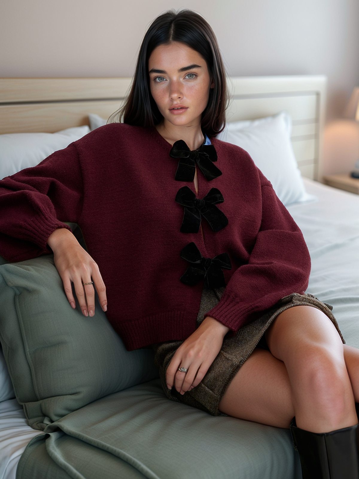 Velvet-Bow Lantern Sleeve Sweater