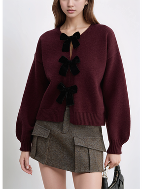 Velvet-Bow Lantern Sleeve Sweater