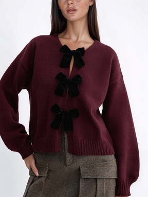 Velvet-Bow Lantern Sleeve Sweater