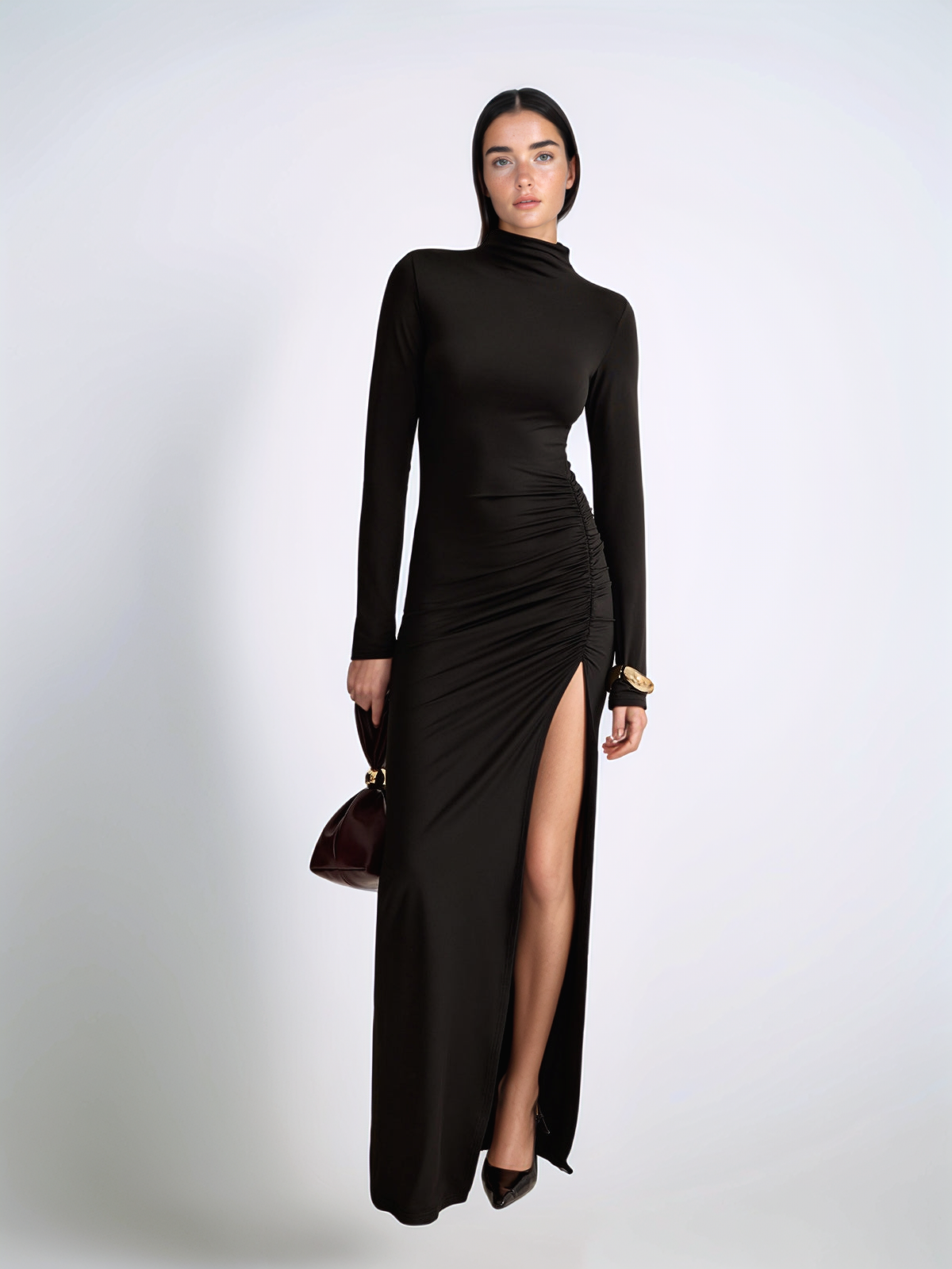 Stand-Collar Pleated Slit Jersey Dress