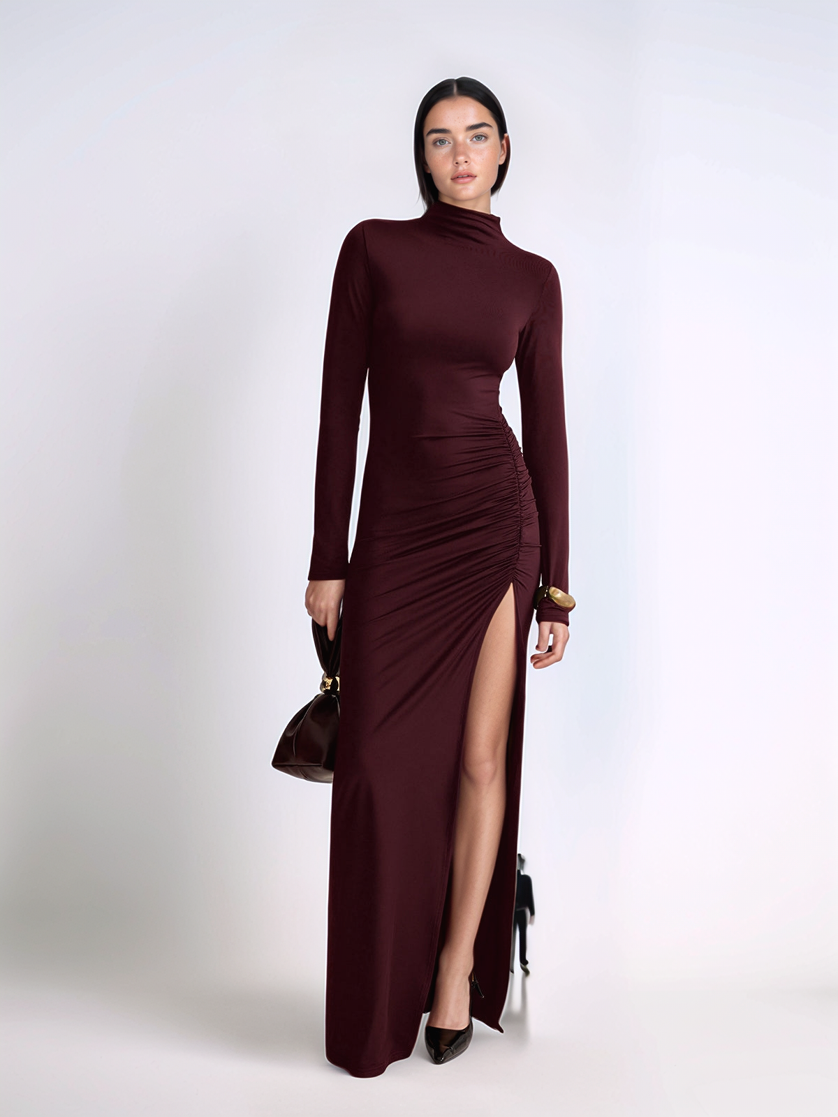 Stand-Collar Pleated Slit Jersey Dress