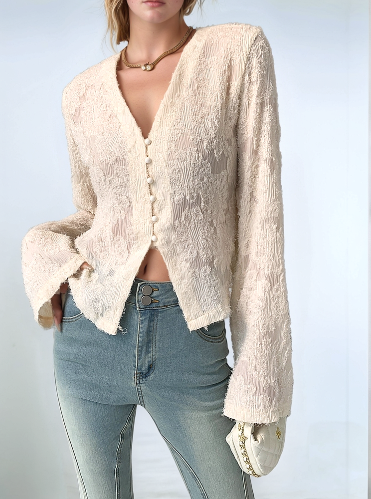 V-Neck Ruffle Long Sleeve Blouse