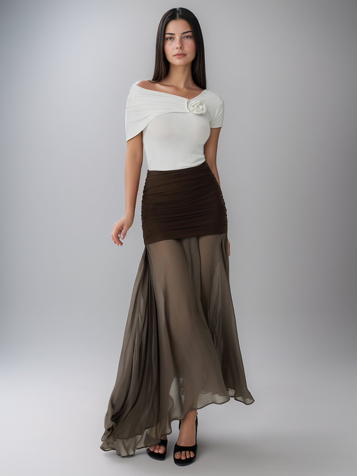 Net Chiffon Patchwork Maxi Skirt